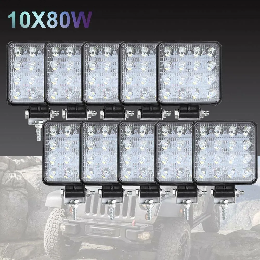 10PCS 80W CREE FLOOD LED Work Lights | 12V | Boat Camping Square 4 Inch Bar