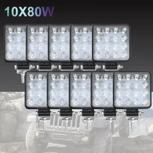 10PCS 80W CREE FLOOD LED Work Lights | 12V | Boat Camping Square 4 Inch Bar