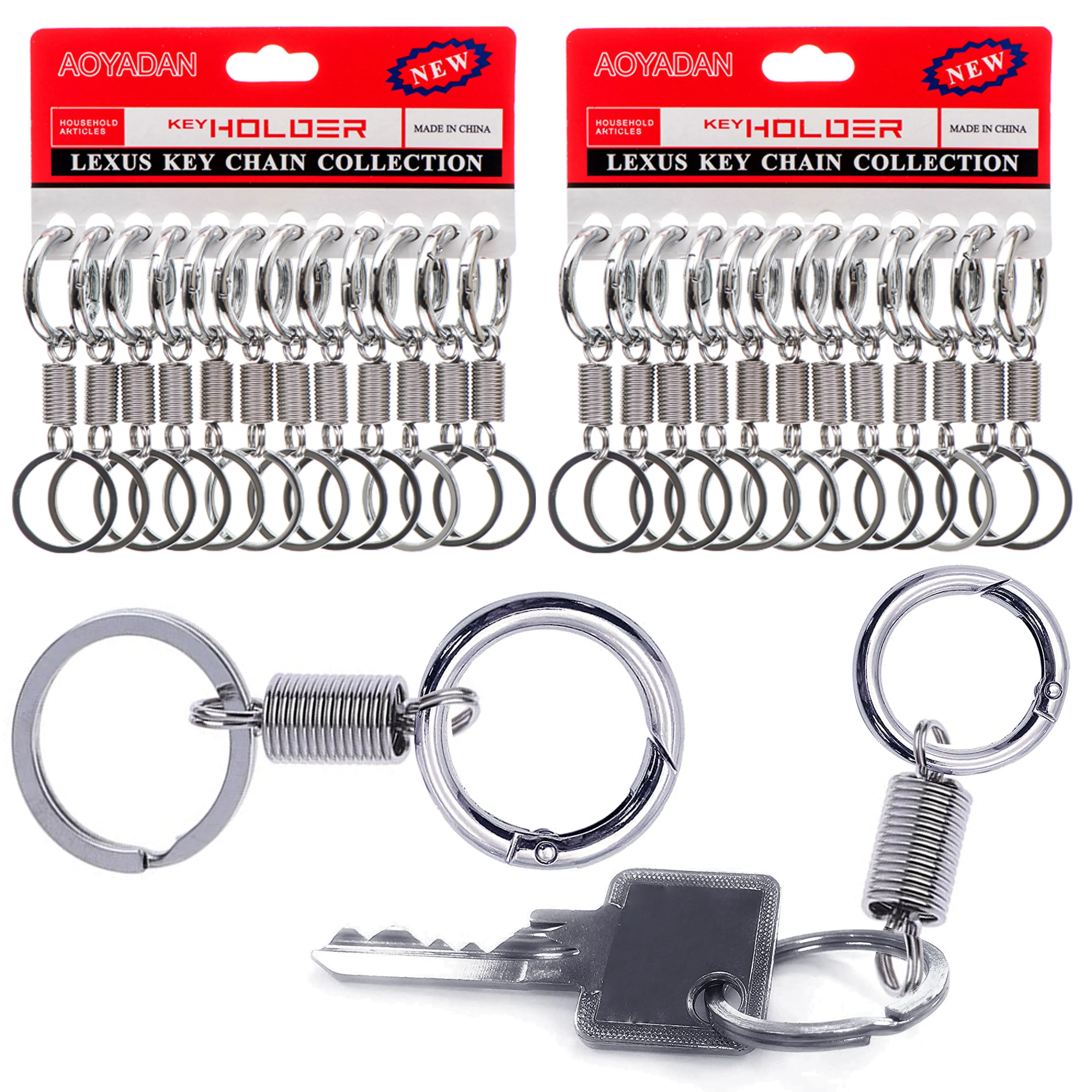 24 Pc Carabiner Key Ring Hook Keychains Metal Spring Coil Clips Belt Keyrings