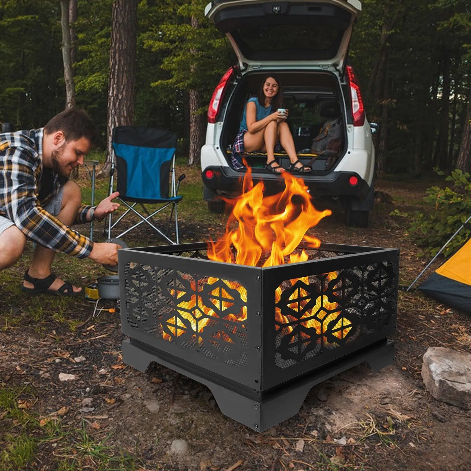 26" Square Outdoor Wood Burning Fire Pit with Steel BBQ Grill, Spark Screen and Poker