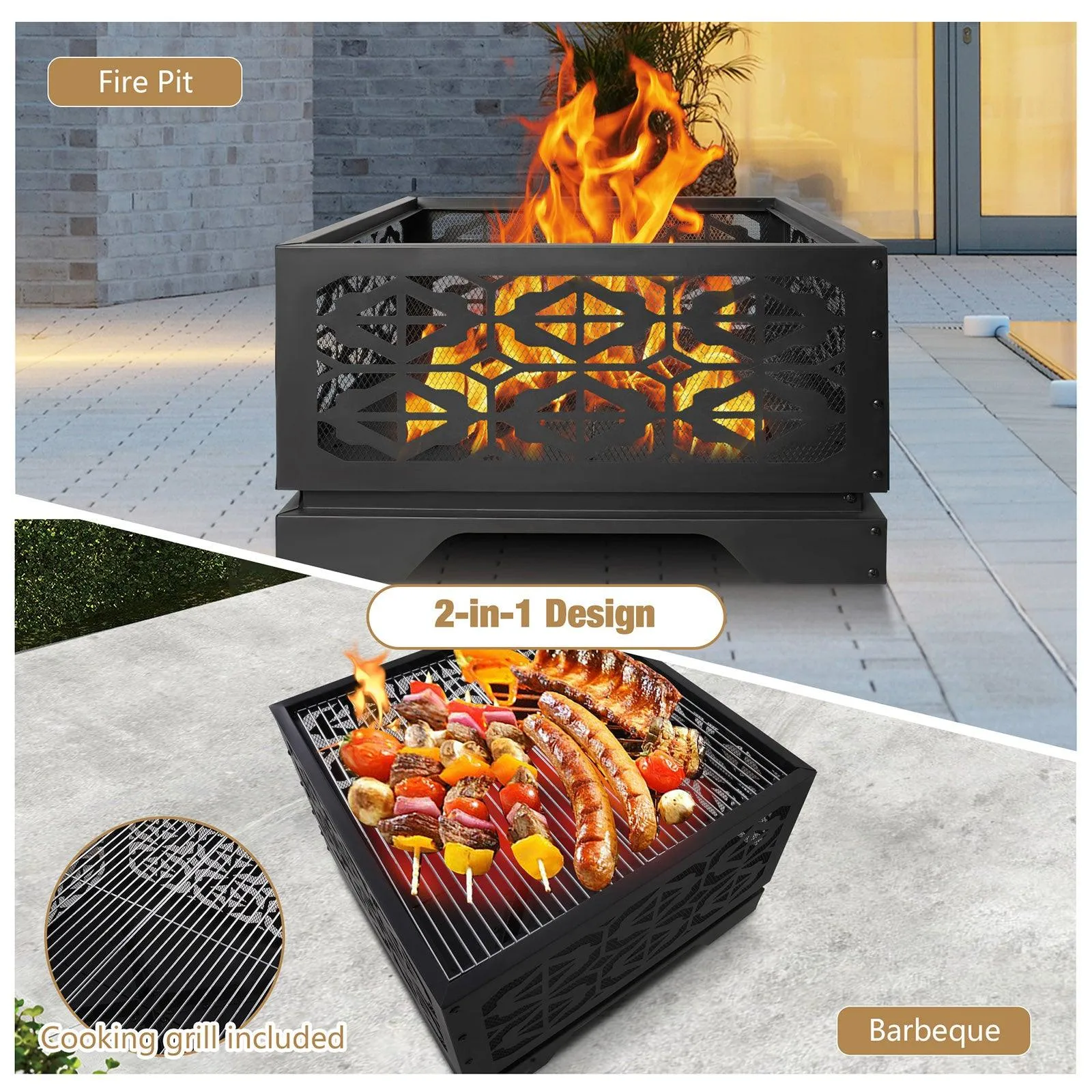 26" Square Outdoor Wood Burning Fire Pit with Steel BBQ Grill, Spark Screen and Poker