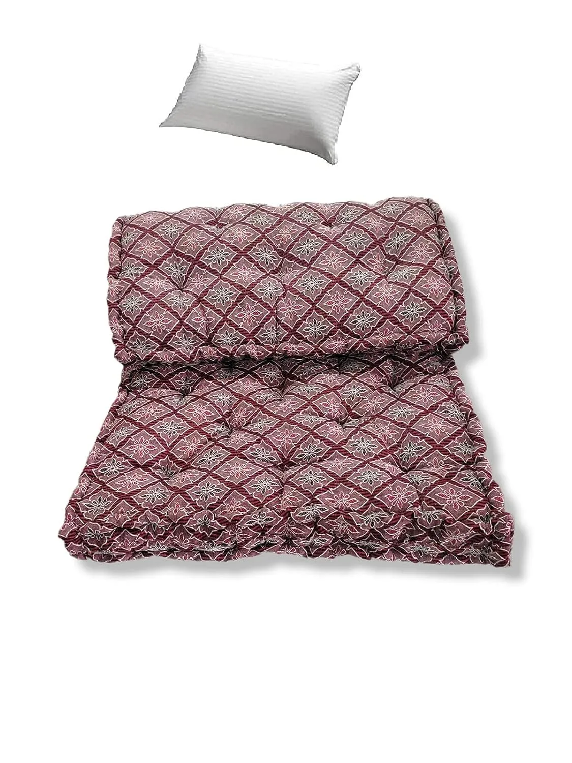 ATOOTFUSION Think 5-Inch Cotton Box Mattress | Gadda Medium Firm Soft Cotton Quilt Mattress | Box Rectangle Type Single Bed Mattress (3X6 ft or 72X36X5 Inches,with One Fiber Pillow) Maroon