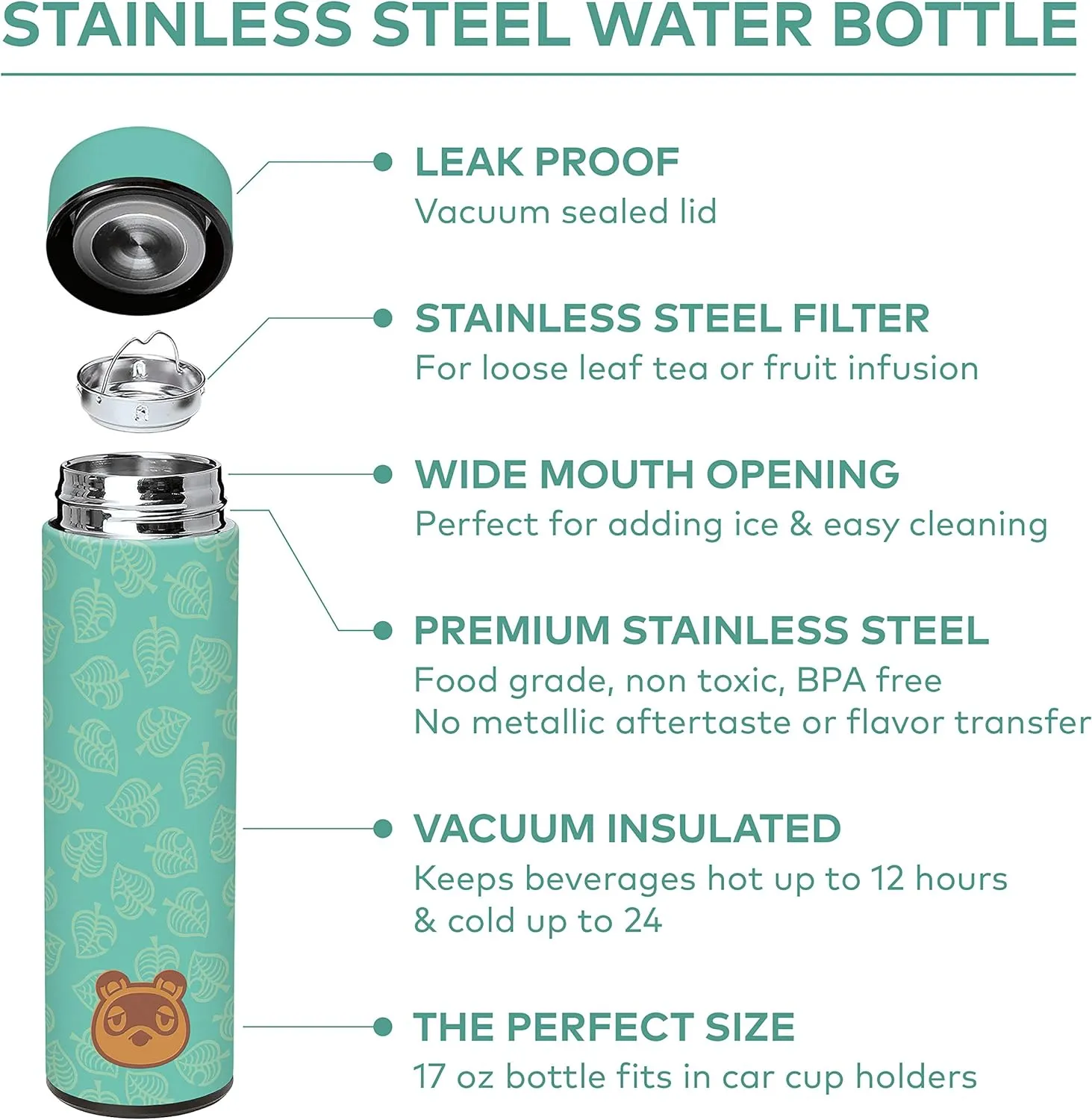 Controller Gear Animal Crossing 17oz, Insulated, Stainless Steel, Leak Proof, Water Bottle, Teal Leaves