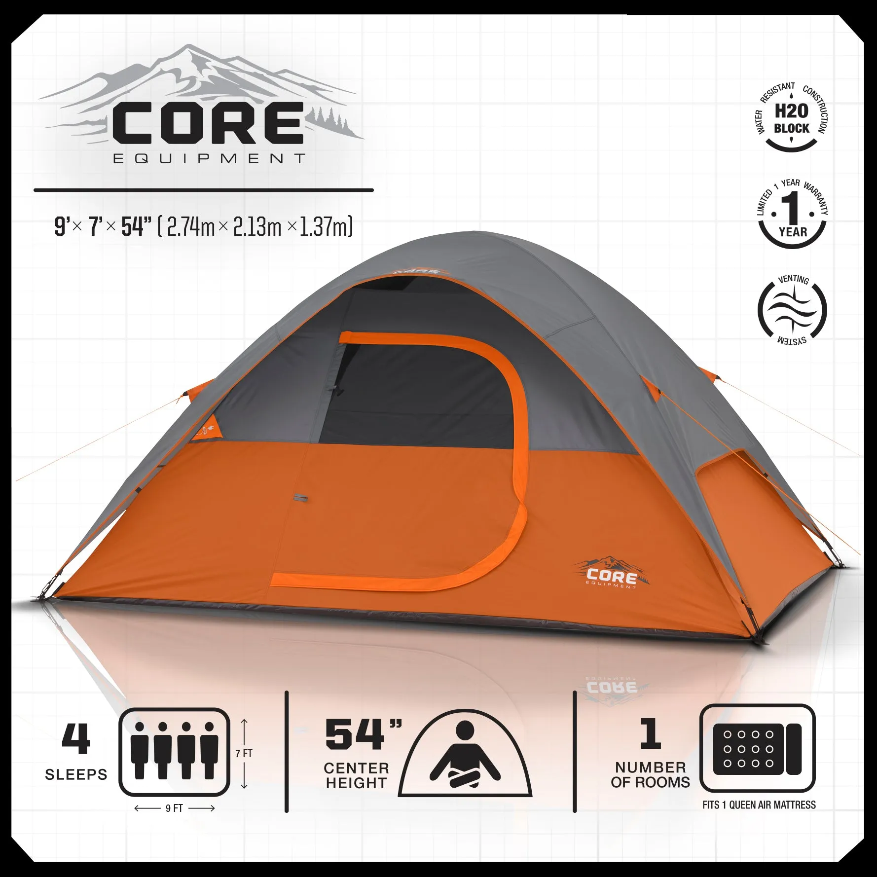 CORE 4 Person Dome Tent 9' x 7'