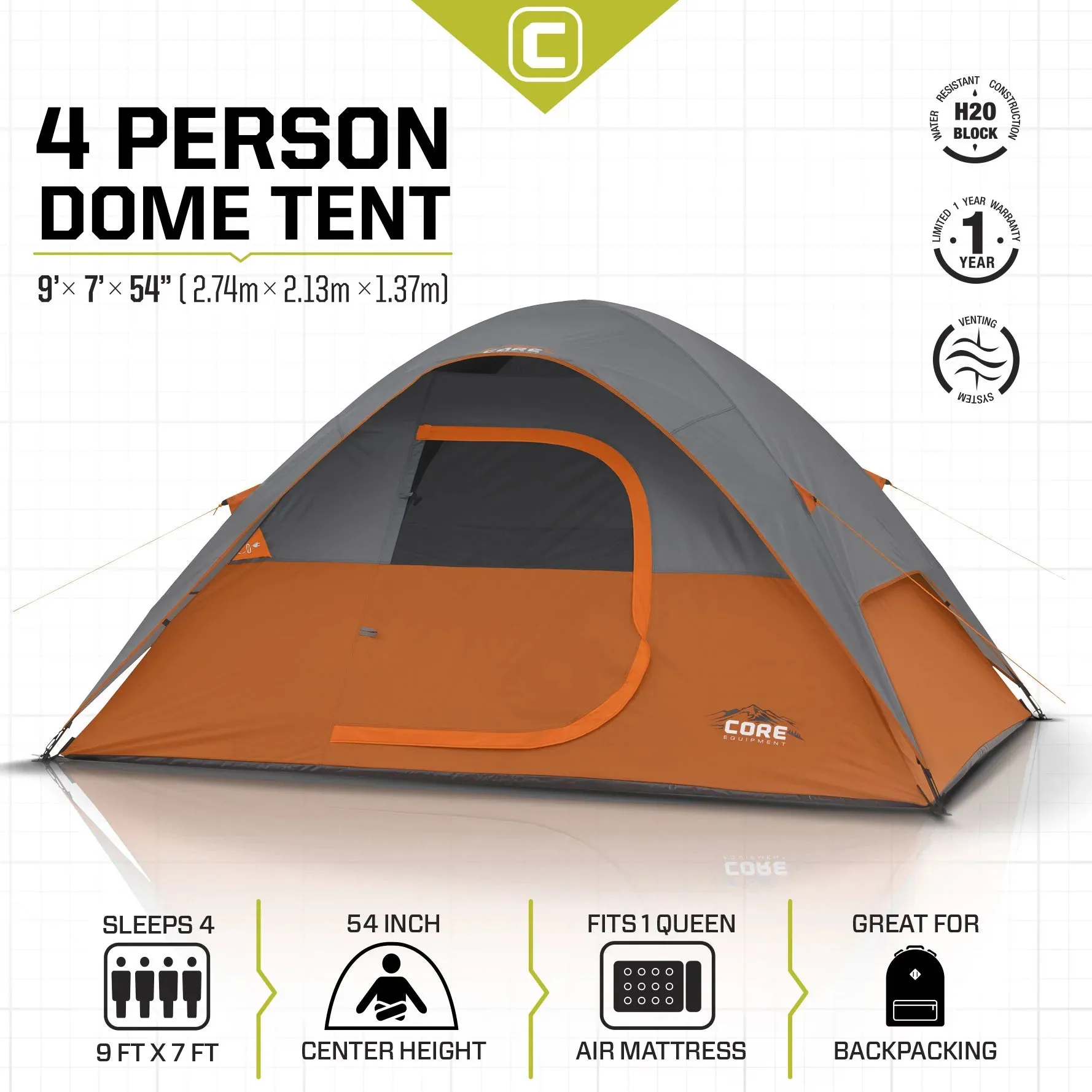 CORE 4 Person Dome Tent 9' x 7'