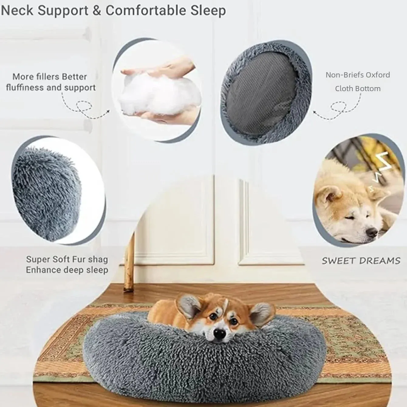 Dog Bed Calming Cat Bed Super Soft Fluffy Washable Anti-Anxiety 40-90cm