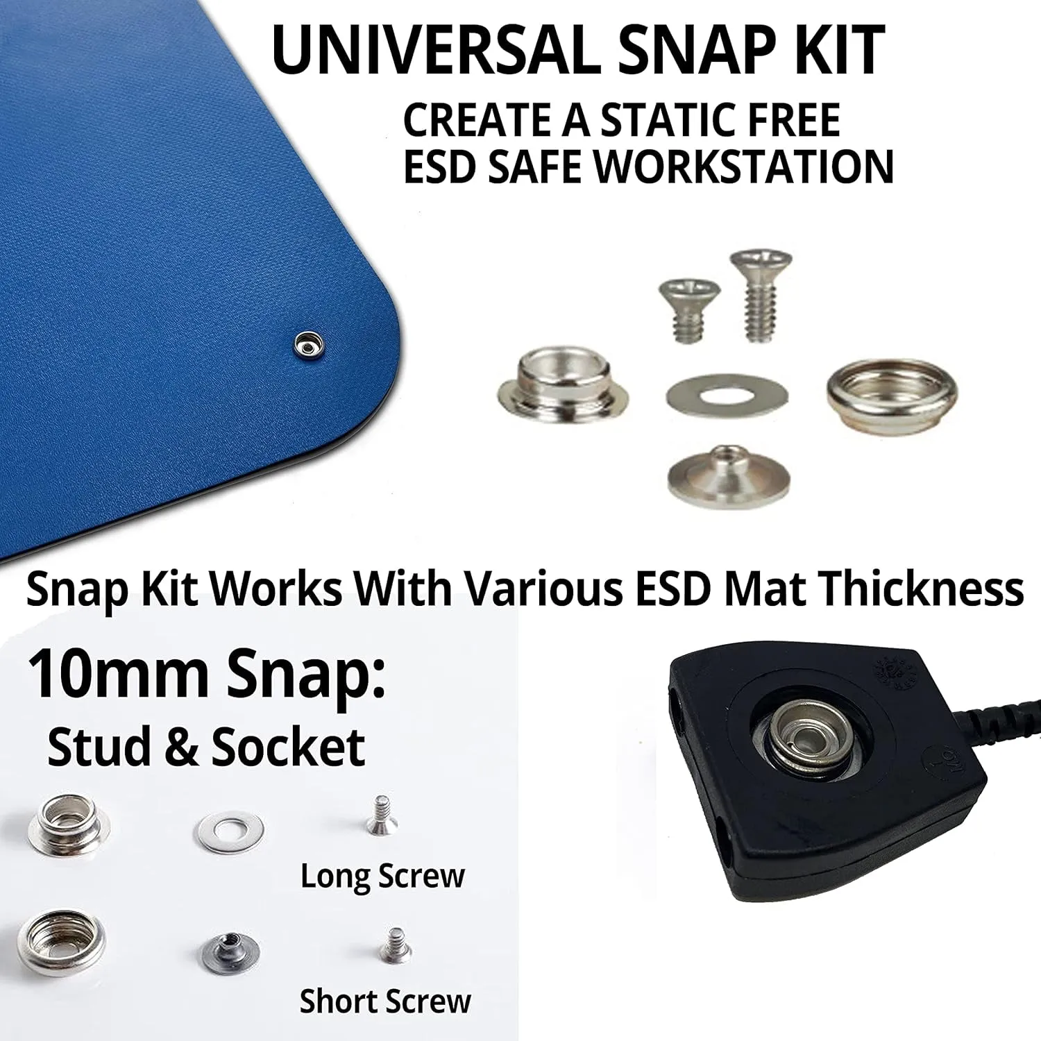ESD Mat Workstation Ground Kit - 15' Common Point with Banana Plug, Universal Snap Kit, Banana Plug Adapter, 6' Coil Cord with Alligator Clip, Black Fabric Wrist Band 4Mm