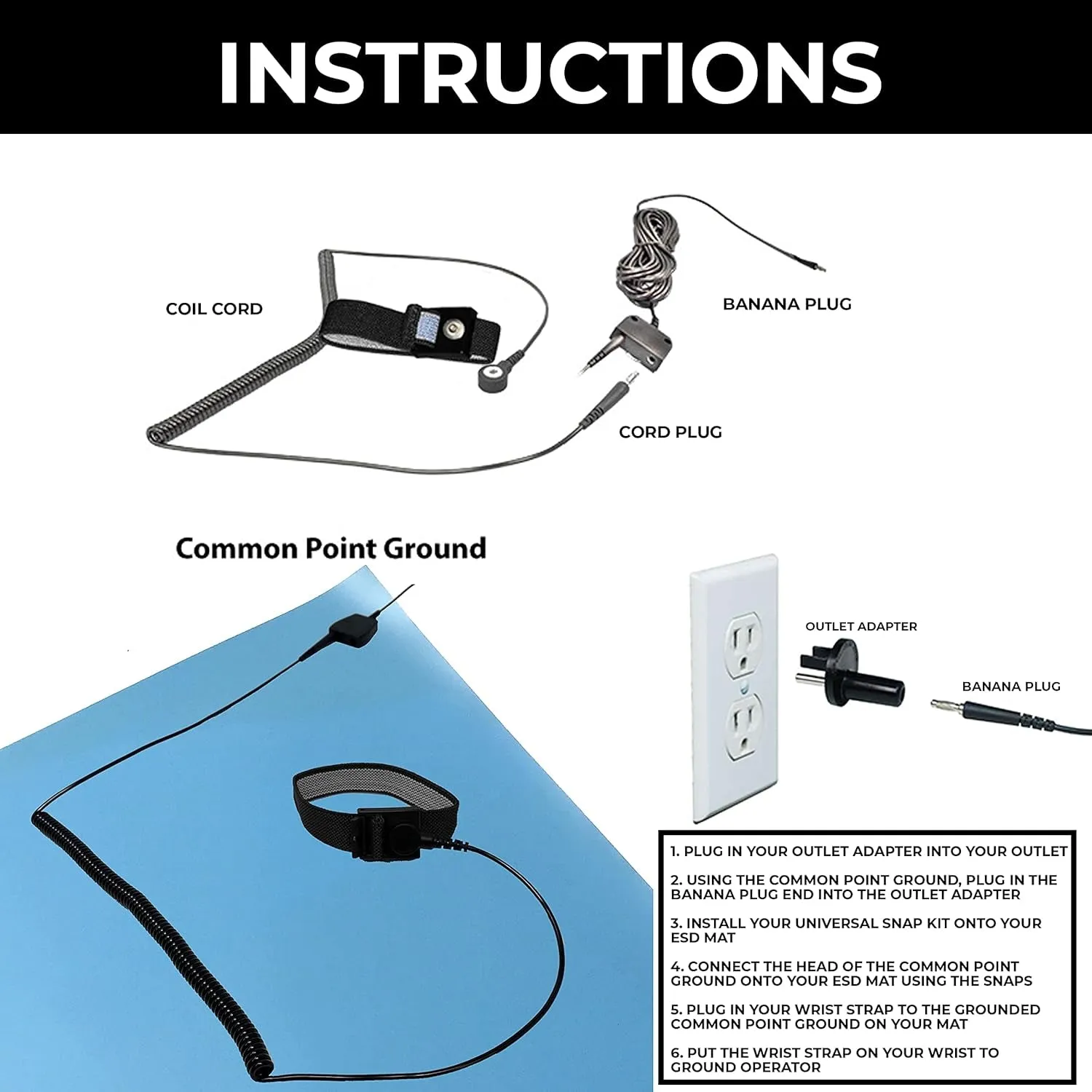 ESD Mat Workstation Ground Kit - 15' Common Point with Banana Plug, Universal Snap Kit, Banana Plug Adapter, 6' Coil Cord with Alligator Clip, Black Fabric Wrist Band 4Mm