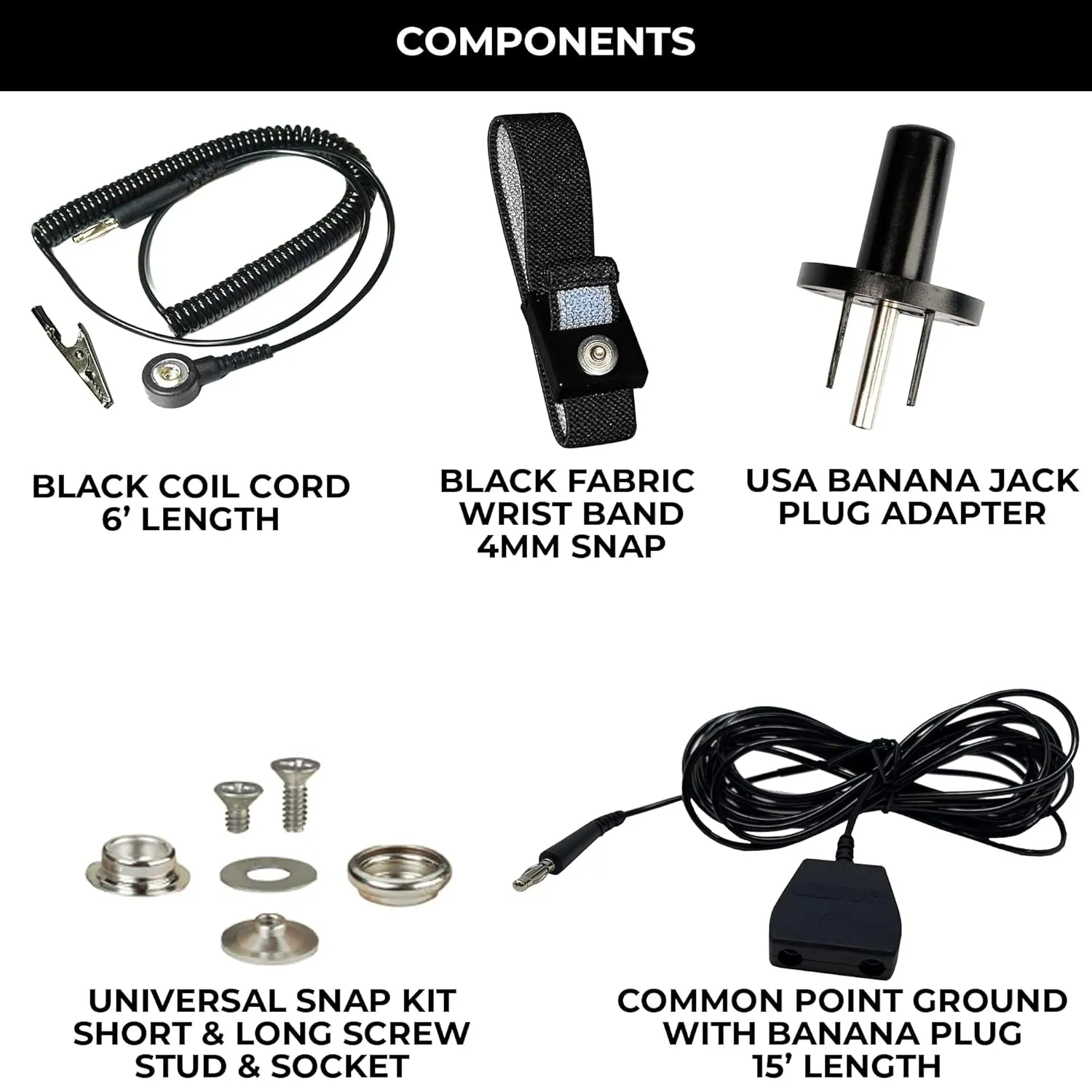ESD Mat Workstation Ground Kit - 15' Common Point with Banana Plug, Universal Snap Kit, Banana Plug Adapter, 6' Coil Cord with Alligator Clip, Black Fabric Wrist Band 4Mm