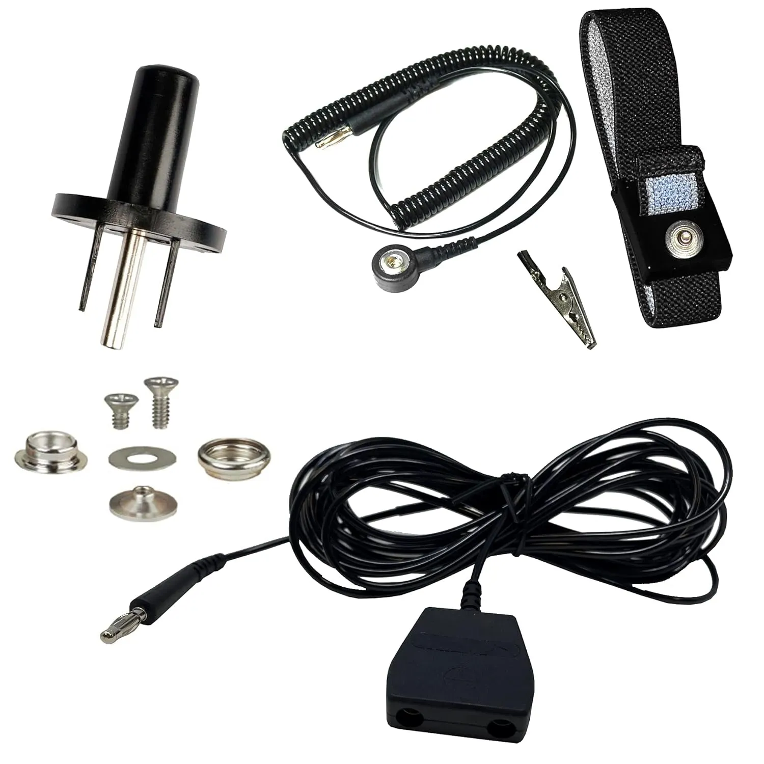 ESD Mat Workstation Ground Kit - 15' Common Point with Banana Plug, Universal Snap Kit, Banana Plug Adapter, 6' Coil Cord with Alligator Clip, Black Fabric Wrist Band 4Mm