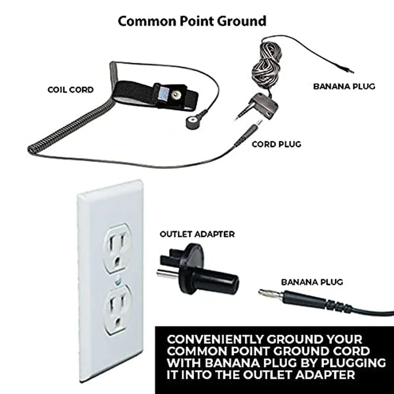 ESD Mat Workstation Ground Kit - 15' Common Point with Banana Plug, Universal Snap Kit, Banana Plug Adapter, 6' Coil Cord with Alligator Clip, Black Fabric Wrist Band 4Mm