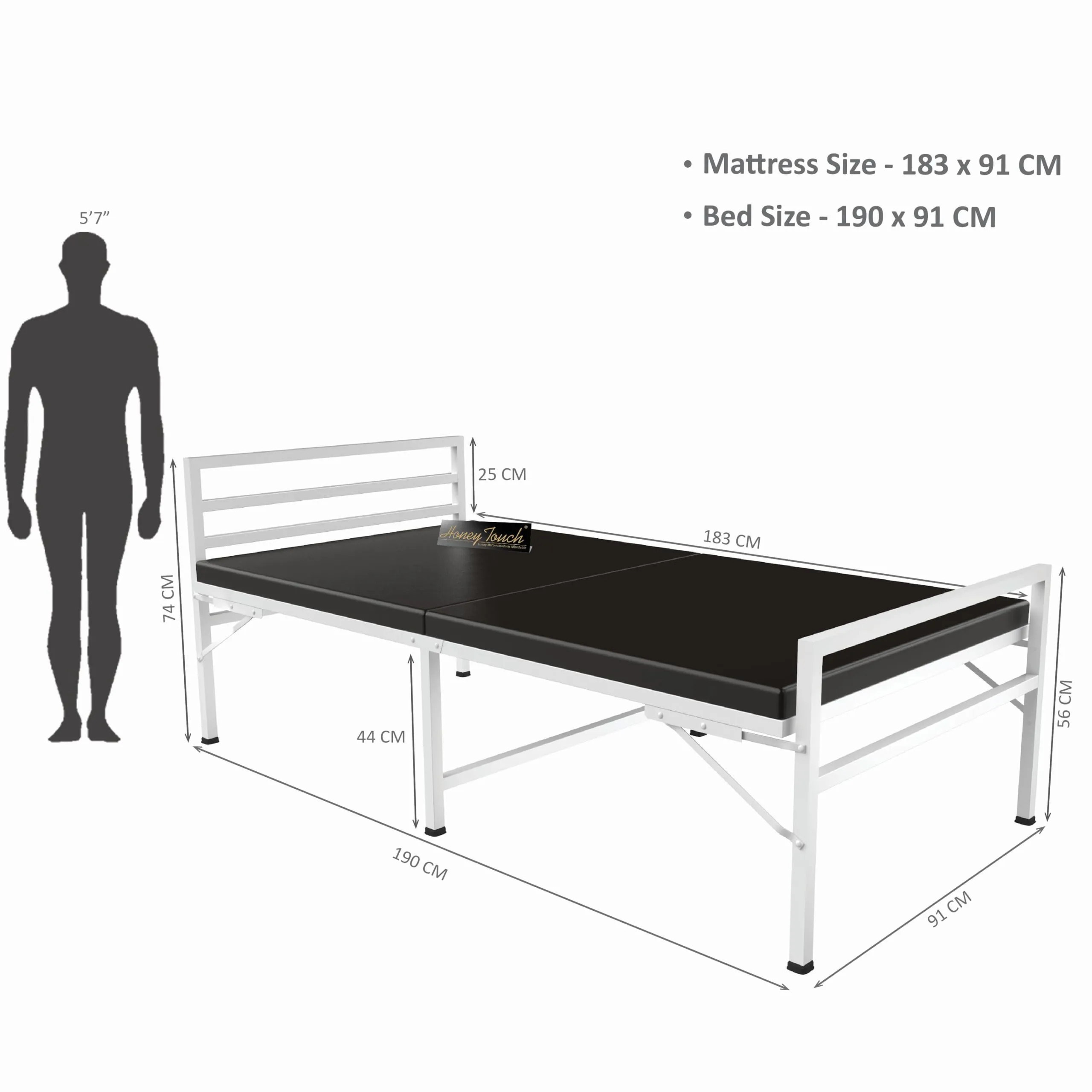Honey Touch Metal Folding Bed Single Size With Mattress For Sleeping Guest Bed Easily Storable (White, Double Layer Foam), 46 Centimeters