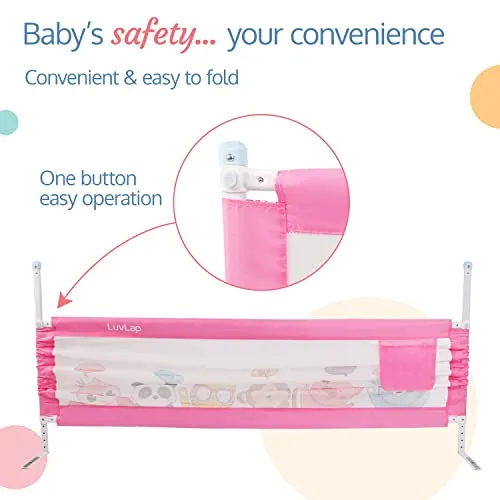 LuvLap Comfy Baby Bed Rail Guard for Baby (6 ft x 2.3 ft), 180cmx72cm, Bed rails for baby & Toddler safety, Portable baby bed fence, Adjustable Height, Single side bed rail for baby, printed Pink