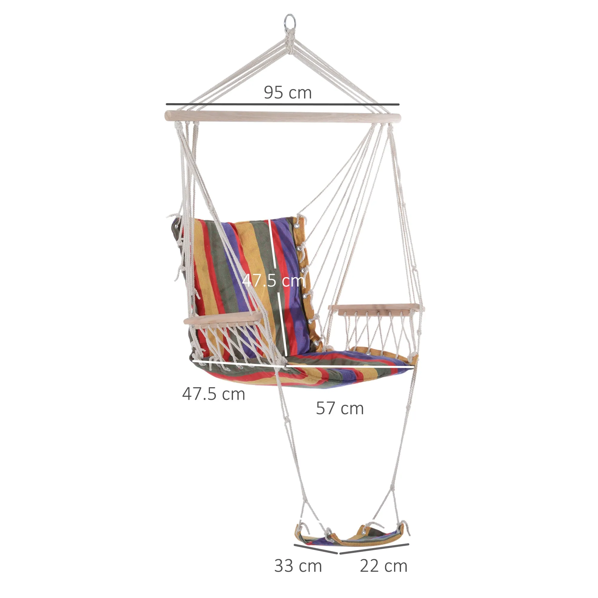 Outdoor Hammock Hanging Rope Chair Garden Yard Patio Swing Seat Wooden w/ Footrest Armrest Cotton Cloth (Red)