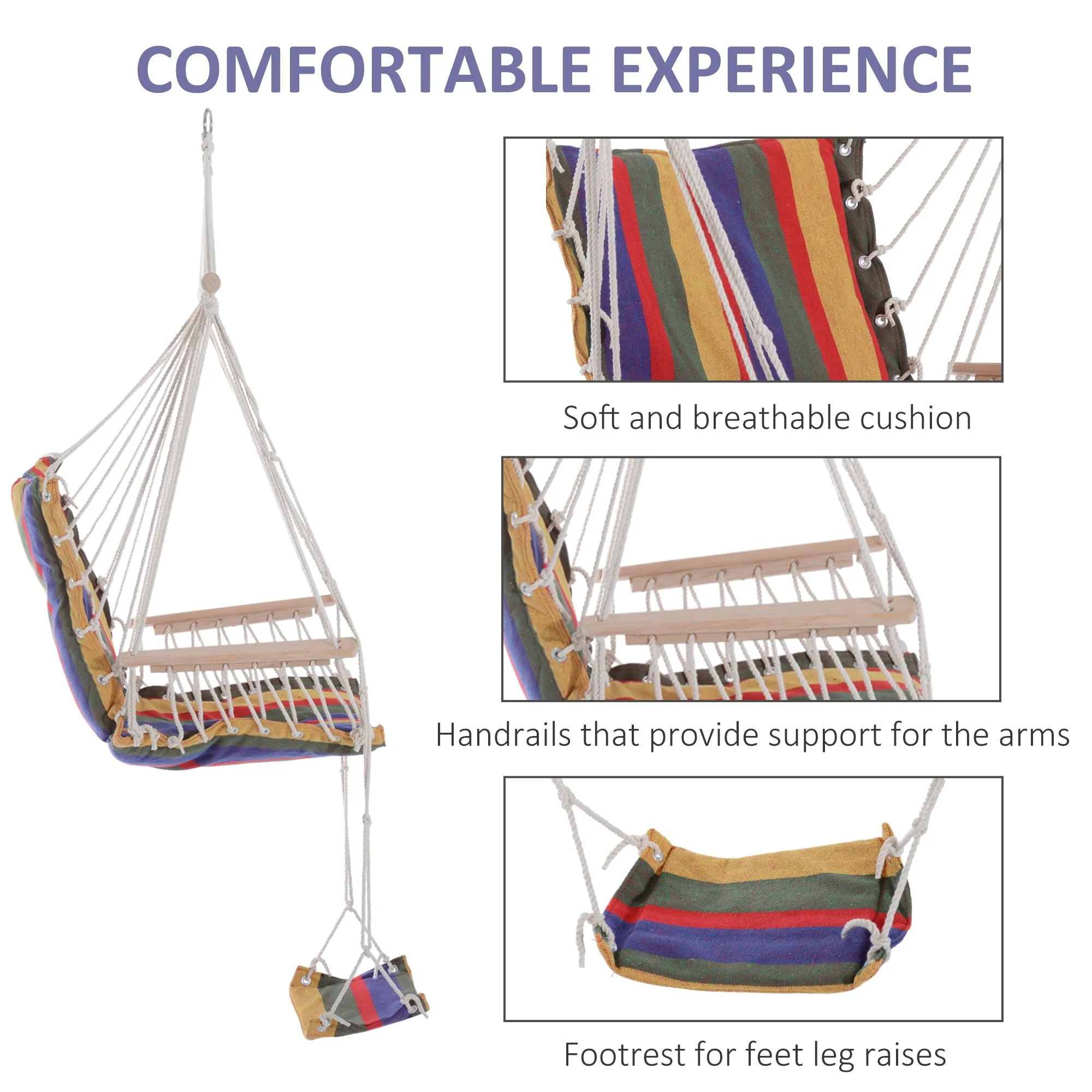 Outdoor Hammock Hanging Rope Chair Garden Yard Patio Swing Seat Wooden w/ Footrest Armrest Cotton Cloth (Red)