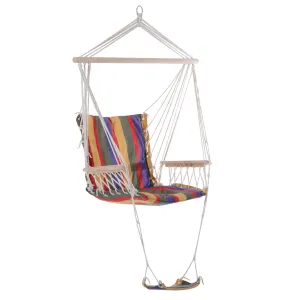 Outdoor Hammock Hanging Rope Chair Garden Yard Patio Swing Seat Wooden w/ Footrest Armrest Cotton Cloth (Red)