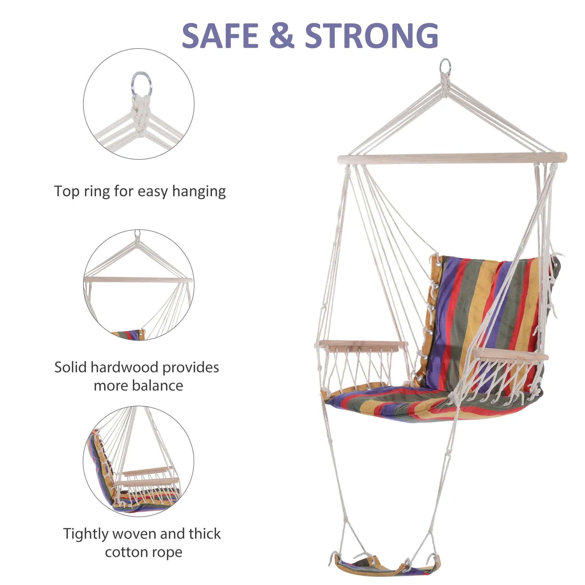 Outdoor Hammock Hanging Rope Chair Garden Yard Patio Swing Seat Wooden w/ Footrest Armrest Cotton Cloth (Red)