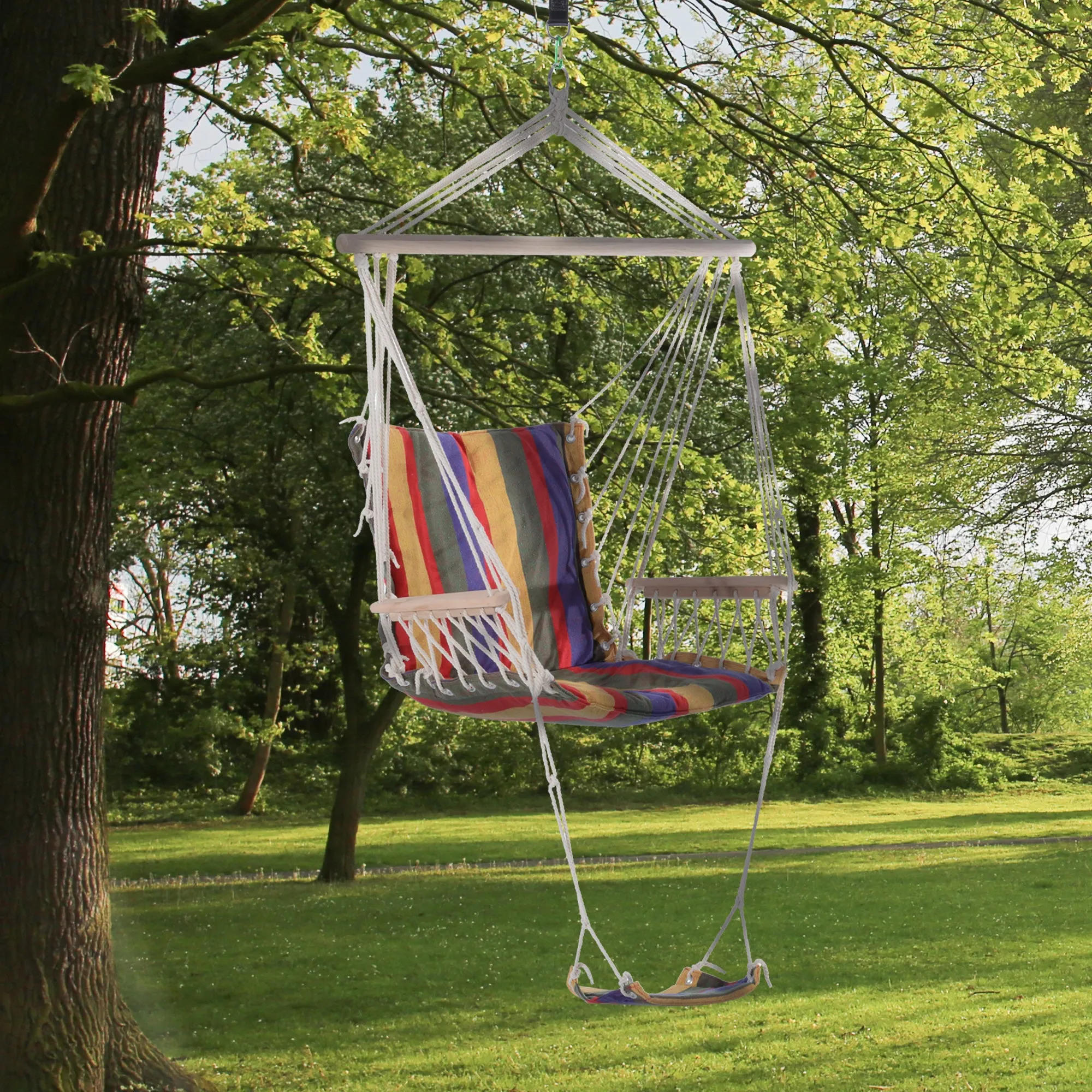 Outdoor Hammock Hanging Rope Chair Garden Yard Patio Swing Seat Wooden w/ Footrest Armrest Cotton Cloth (Red)