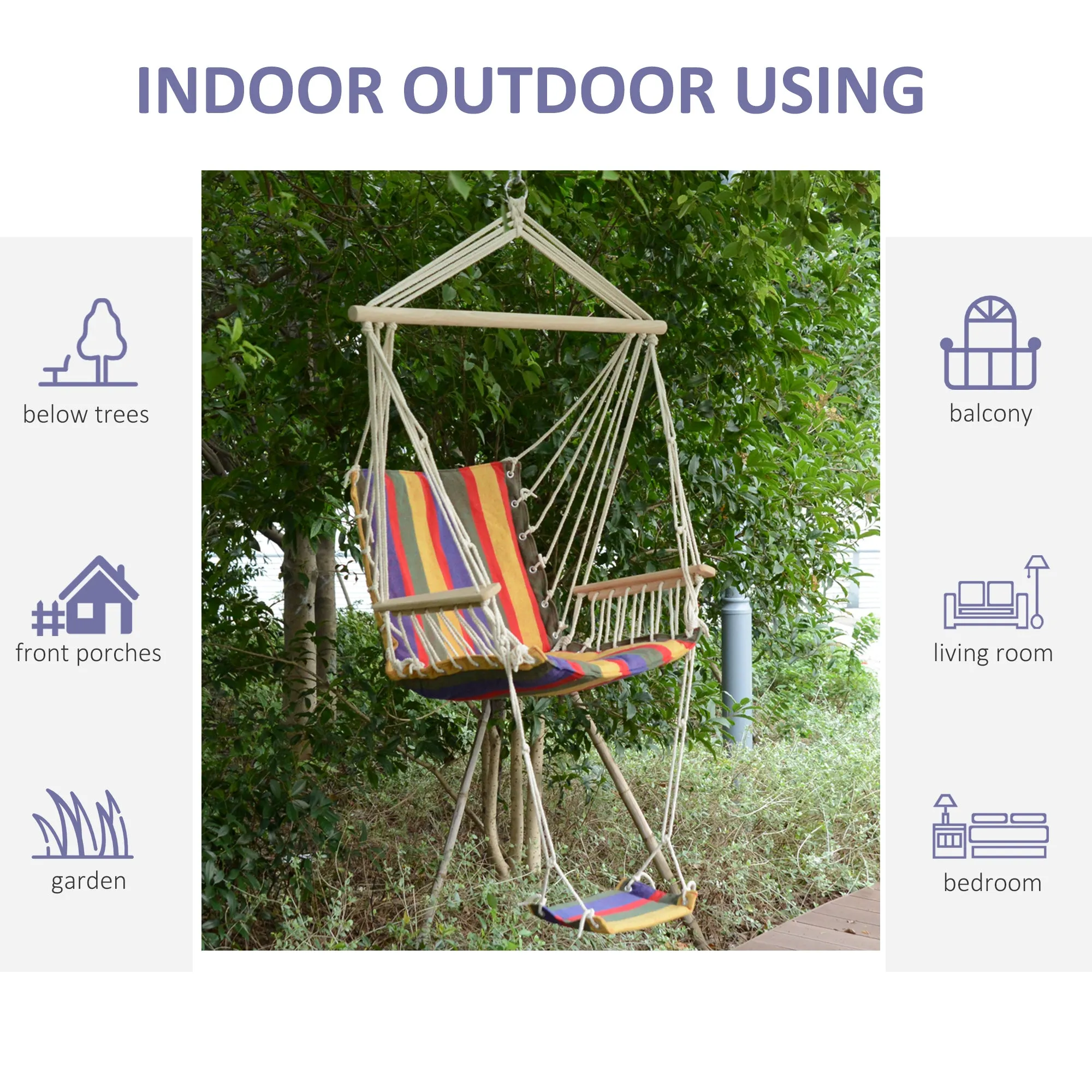 Outdoor Hammock Hanging Rope Chair Garden Yard Patio Swing Seat Wooden w/ Footrest Armrest Cotton Cloth (Red)