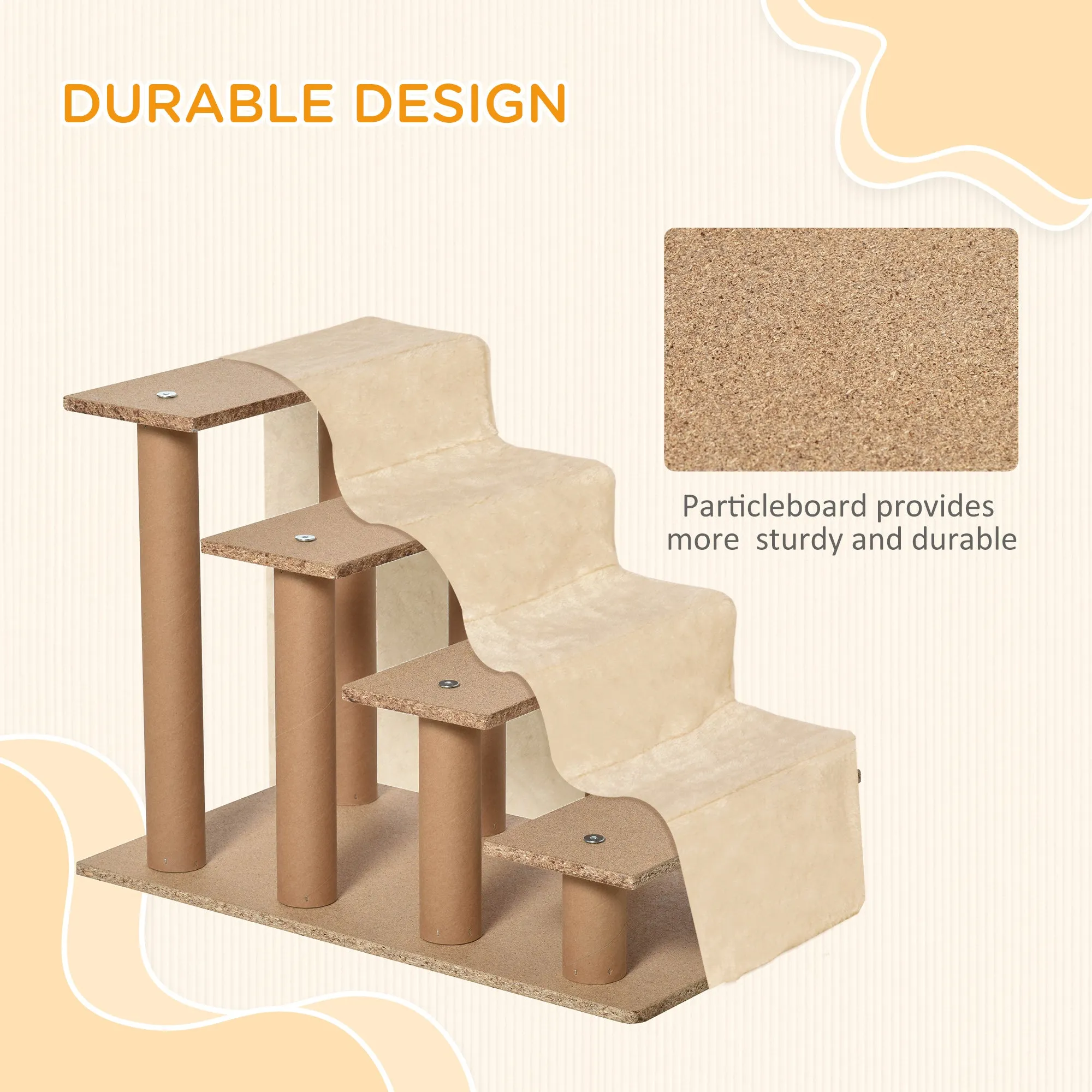 Potable Dog Stairs 4-Steps with Washable Plush Cover, Pet Staris for High Bed Sofa, Dog Steps for Small Dog and Cat, Beige