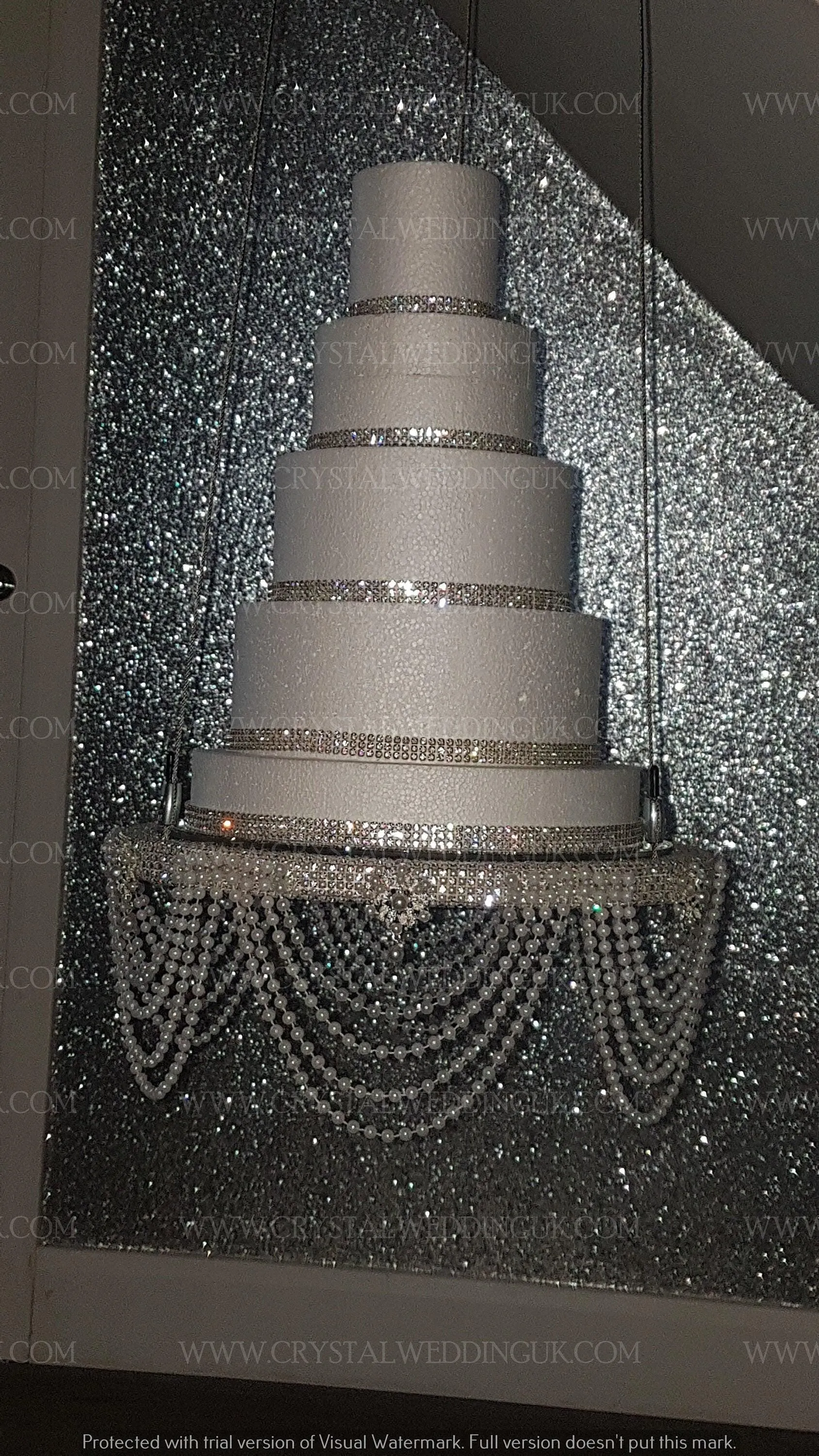 Suspended cake swing, hanging cake stand ,Pearl drape and crystal ,heavy duty holds 200lbs by Crystal wedding uk