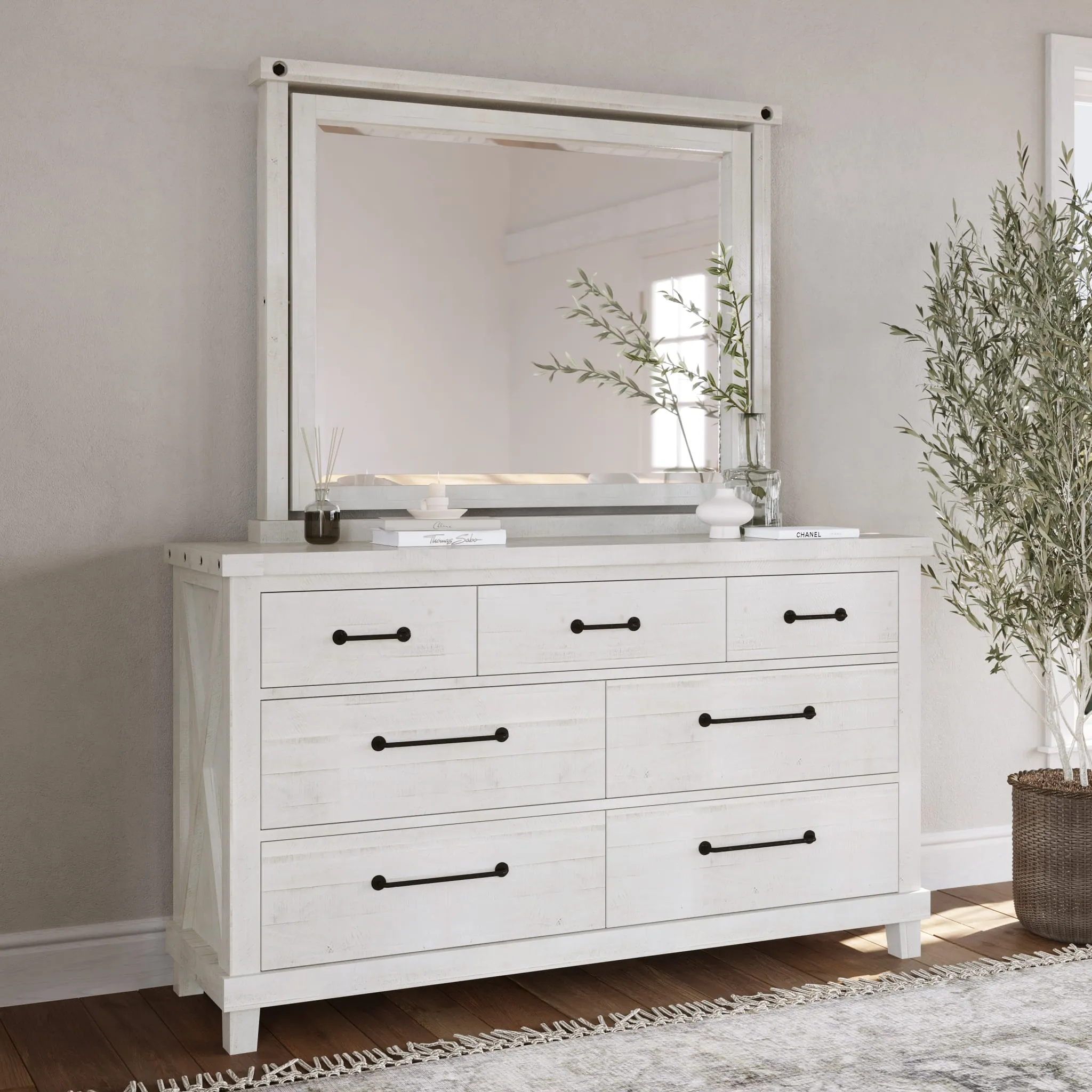 Yosemite Solid Wood Mirror in Rustic White
